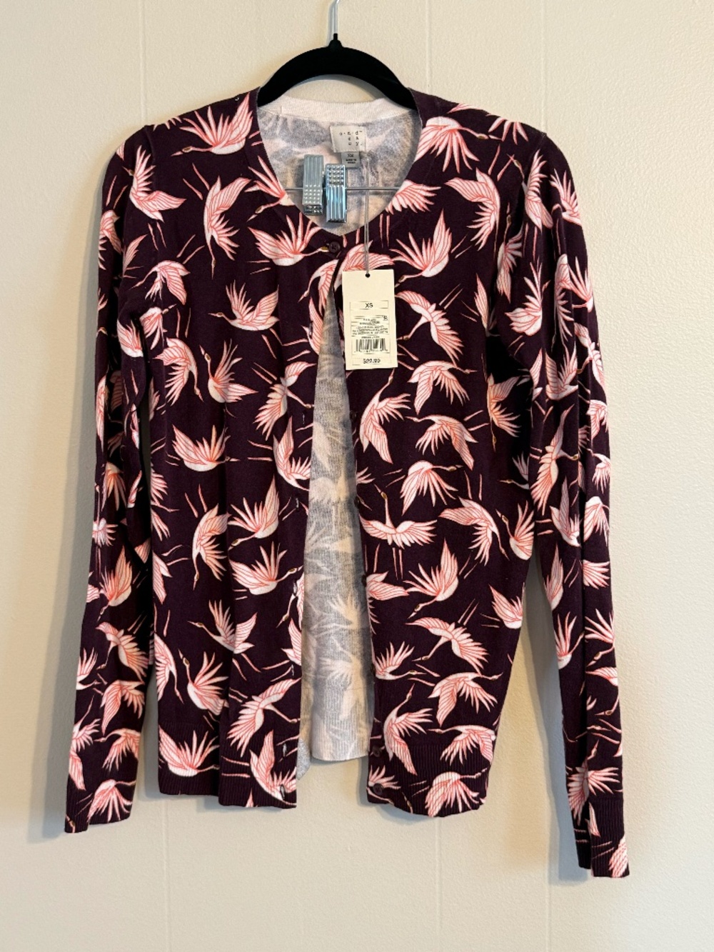 NWT Women's A New Day Button-Front Cardigan Size XS Burgundy W/Pink Crane Design